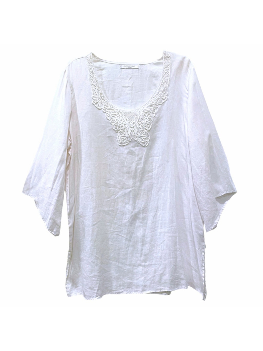 August Silk Womens Size 1X Linen Tunic Top Lace Detail White READ